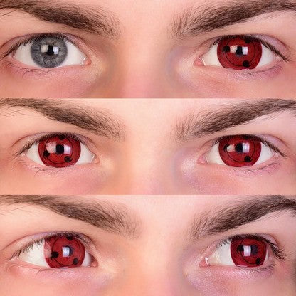 Collage of three sets of eyes with red and black contact lenses on a plain background