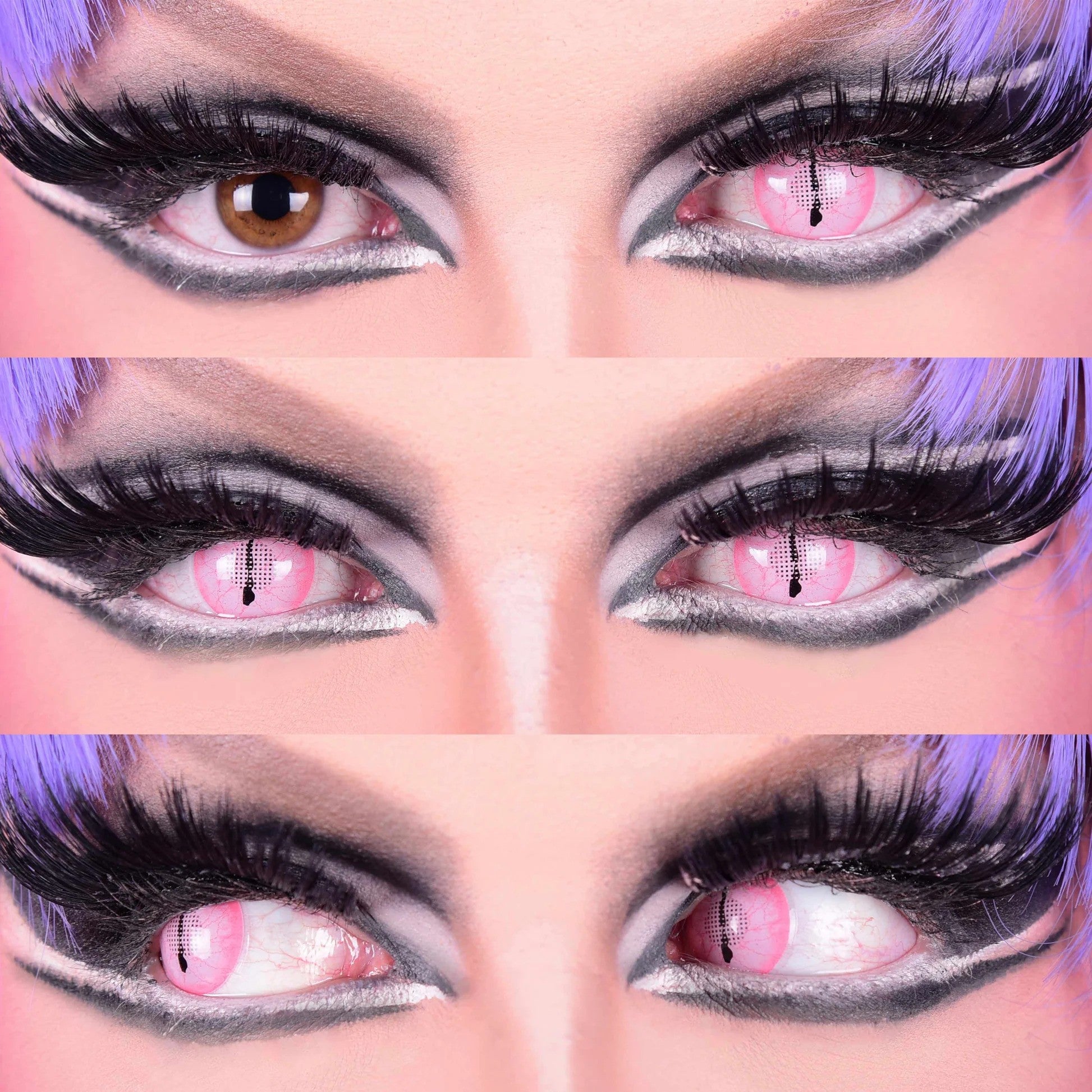 Close-up of eyes with dramatic makeup and purple hair.