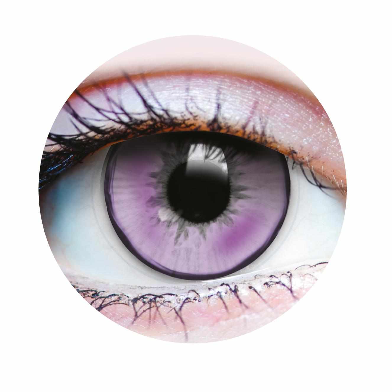 Close-up of a purple succubus contact lens in an eye with a detailed iris and pupil on a white background