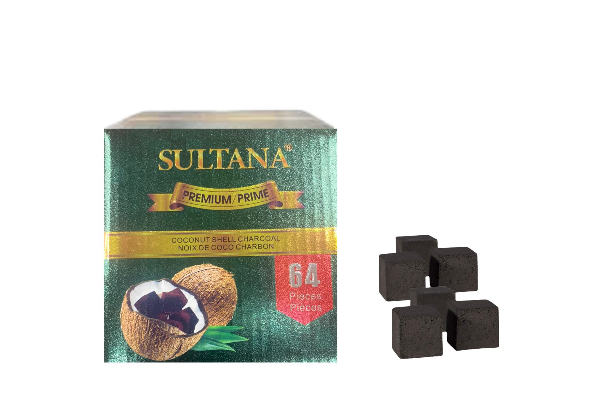 Sultana coconut shell charcoal packaging with charcoal pieces on a white background