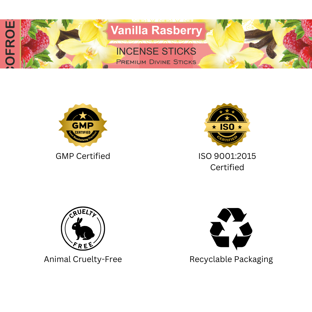 Vanilla Rasberry incense sticks packaging with certification logos on a white background