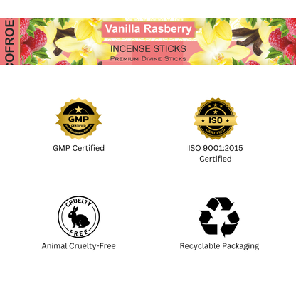 Vanilla Rasberry incense sticks packaging with certification logos on a white background
