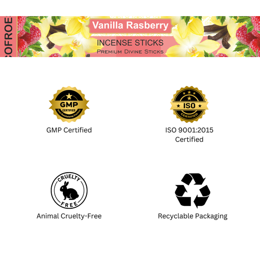 Vanilla Rasberry incense sticks packaging with certification logos on a white background