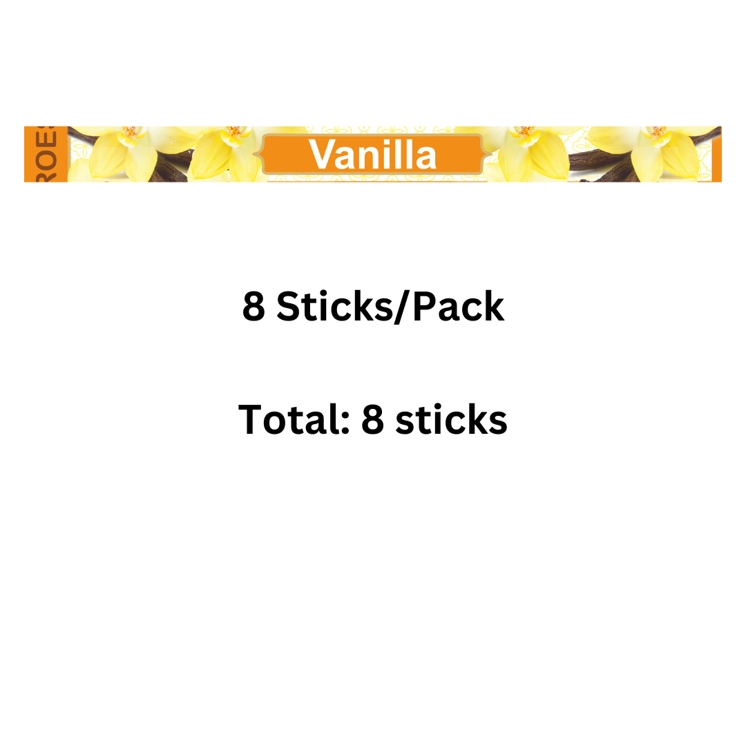 Vanilla incense sticks product packaging with '8 Sticks/Pack' text on a white background