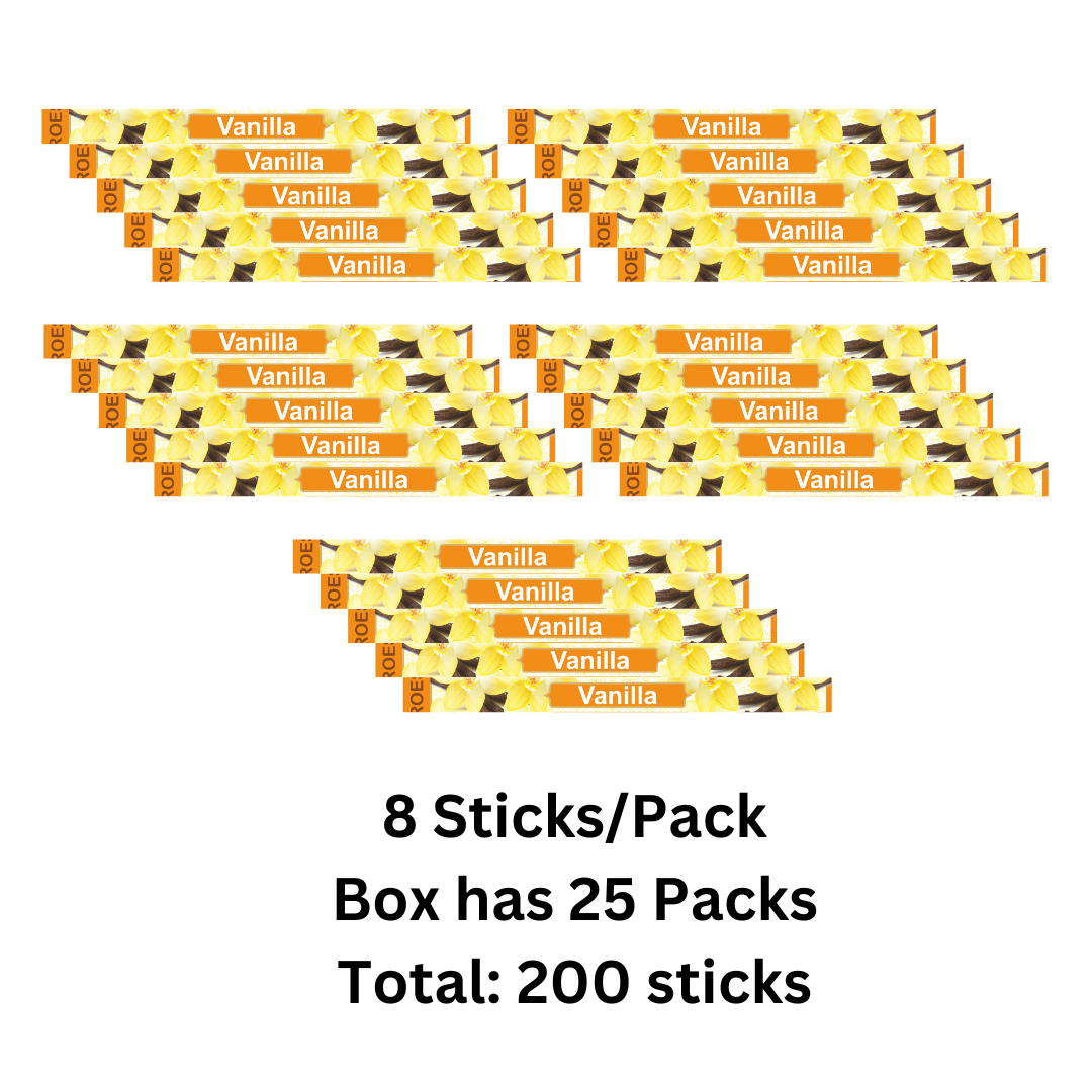 zMultiple packs of vanilla incense sticks with branding on a white background