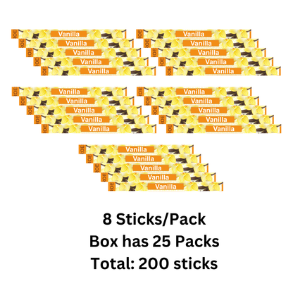 zMultiple packs of vanilla incense sticks with branding on a white background