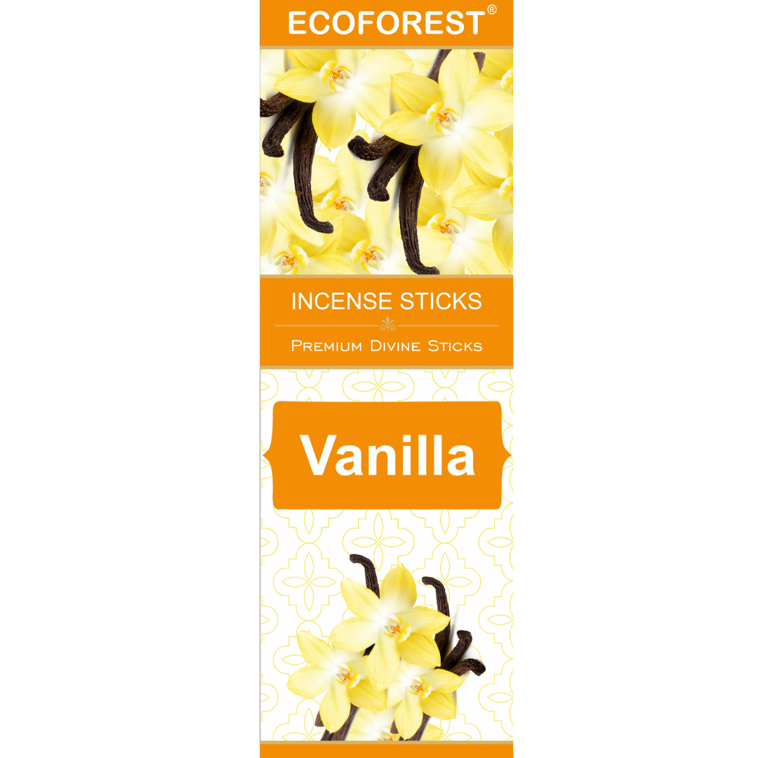 Ecoforest Vanilla incense sticks packaging with an image of vanilla in the center.
