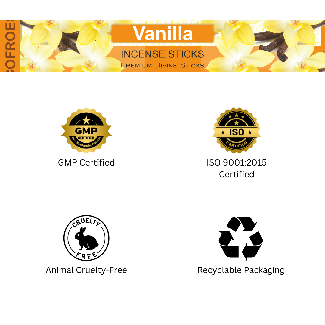 Vanilla incense sticks packaging with certification logos on a white background