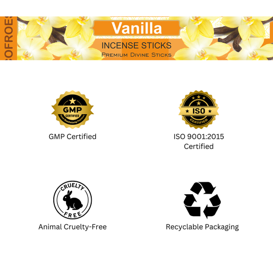 Vanilla incense sticks packaging with certification logos on a white background