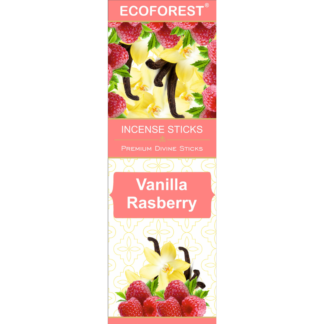 Ecoforest Vanilla Raspberry incense sticks packaging on a white background