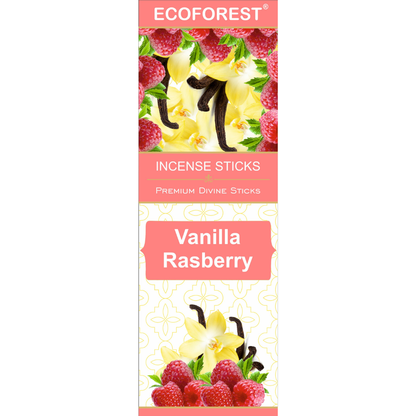 Ecoforest Vanilla Raspberry incense sticks packaging on a white background