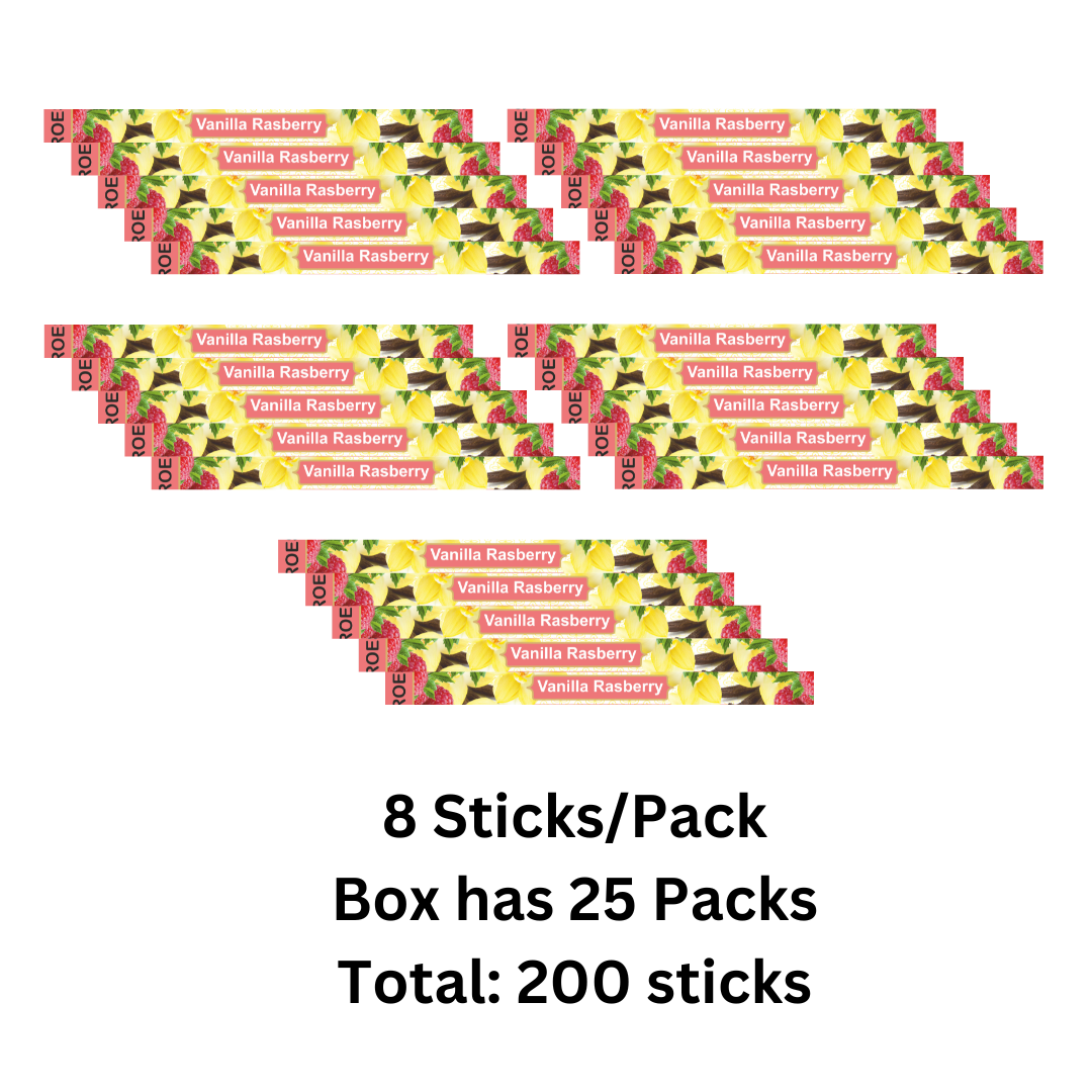Multiple packages of Vanilla Raspberry incense sticks with text indicating quantity.