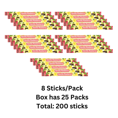 Multiple packages of Vanilla Raspberry incense sticks with text indicating quantity.