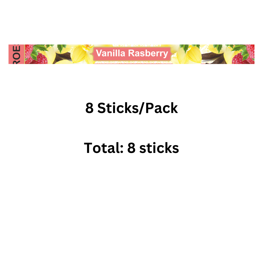 Product packaging with 'Vanilla Raspberry' flavor label and text indicating '8 Sticks/Pack' and 'Total: 8 sticks'.
