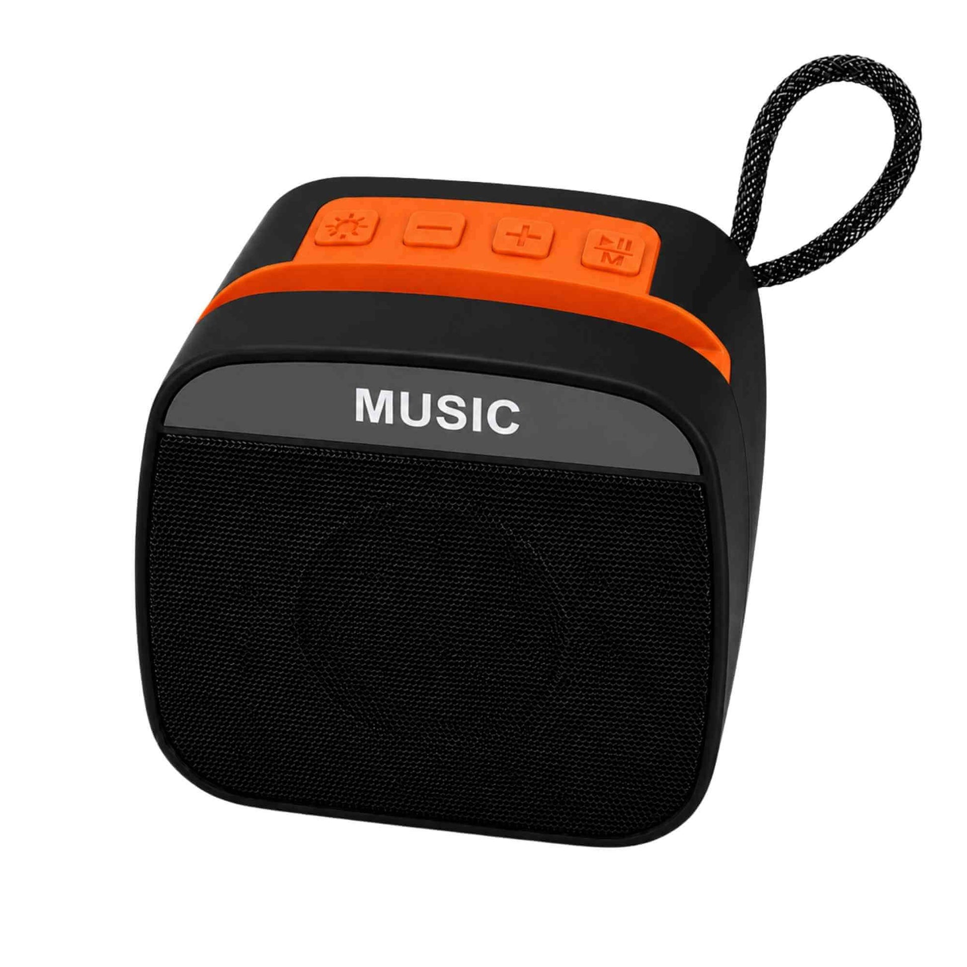 Black and orange portable speaker with 'MUSIC' display on a white background