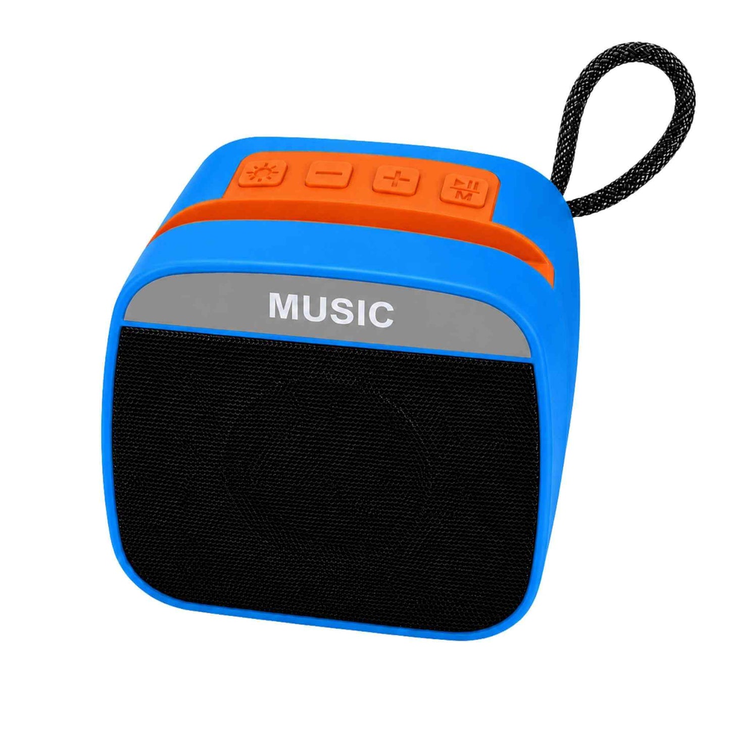 Blue and orange portable speaker with 'MUSIC' on a white background