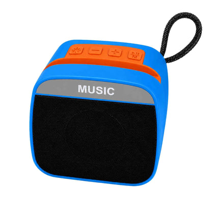 Blue and orange portable speaker with 'MUSIC' on a white background