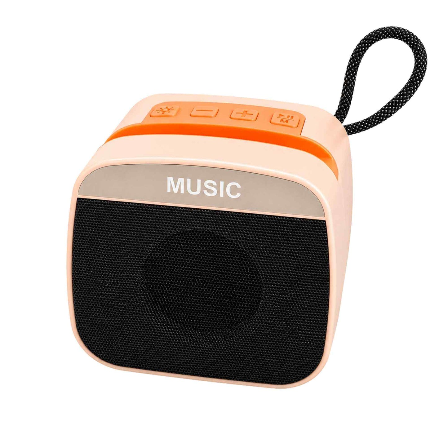 Portable speaker with 'MUSIC' text on a white background