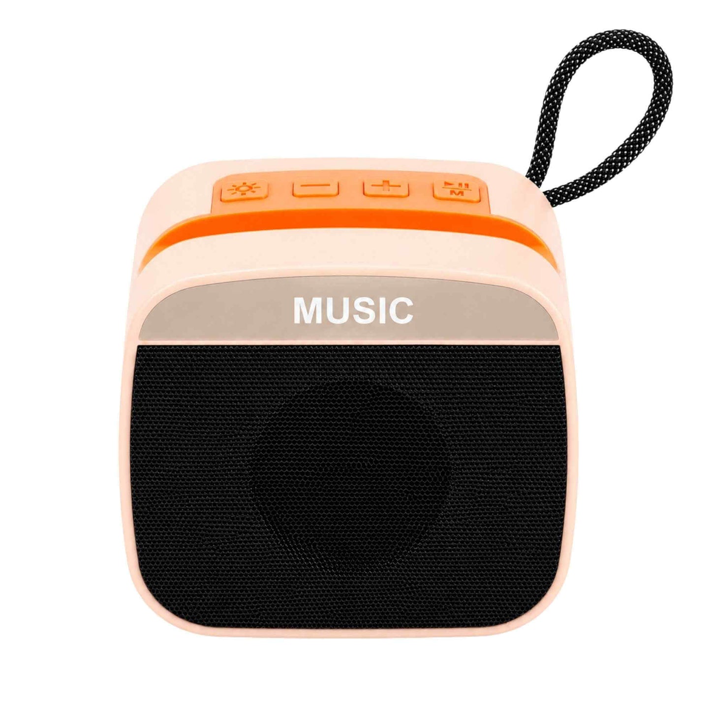 Front view of portable speaker with 'MUSIC' text on a white background