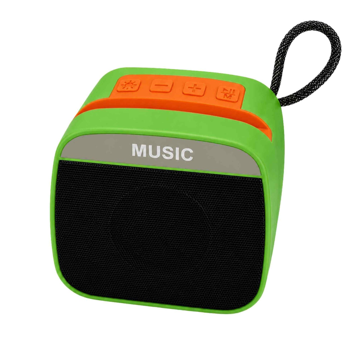 Green and orange portable speaker with 'MUSIC' text on a white background