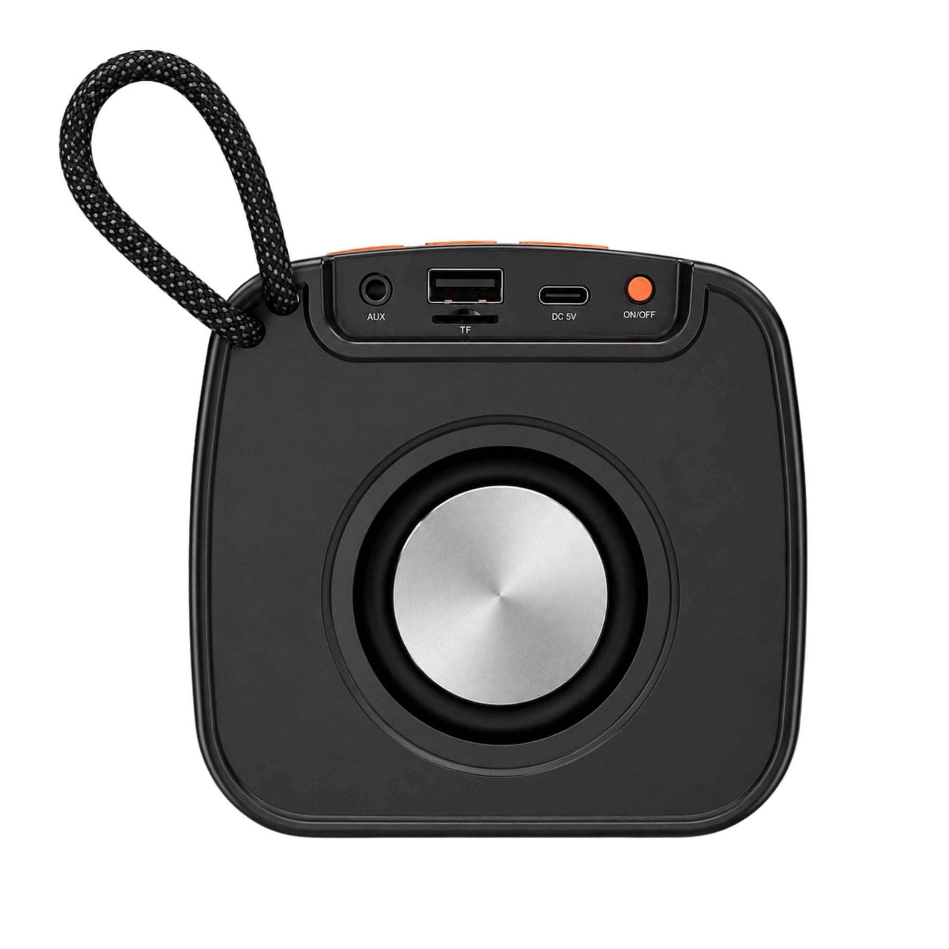Black portable speaker with a USB port, type C port, AUX port, and power indicator on a white background