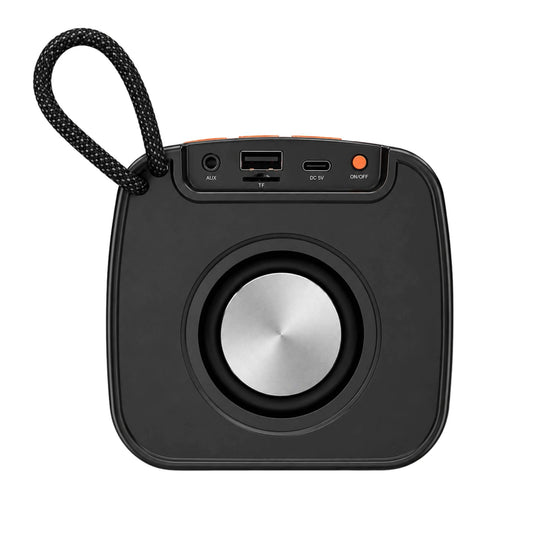 Black portable speaker with a USB port, type C port, AUX port, and power indicator on a white background