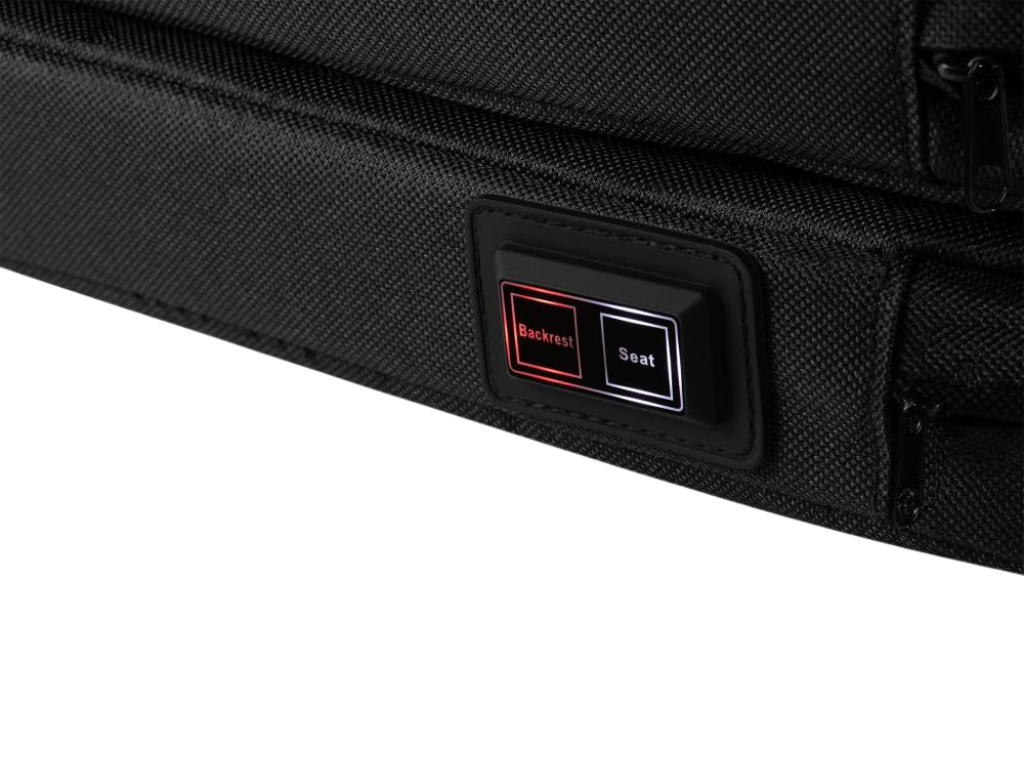 Zippo heated seat  side picture with 'Backrest' and 'Seat' buttons on a white background